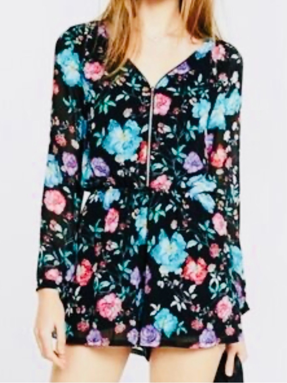 Express Black Floral Zip-Front Romper with Blue & Pink Blooms Size XS